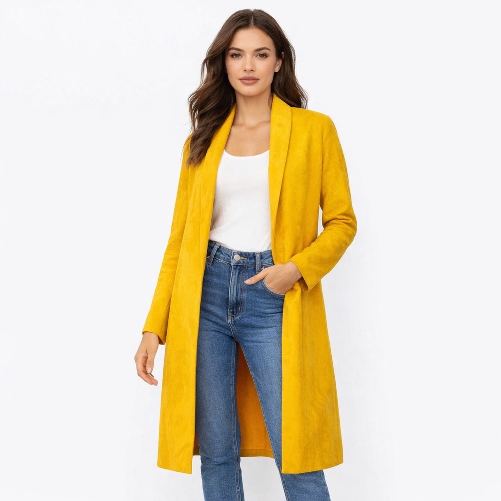Zara Faux Suede Duster Coat Women‎ Small Mustard Yellow Open Front Longline Chic